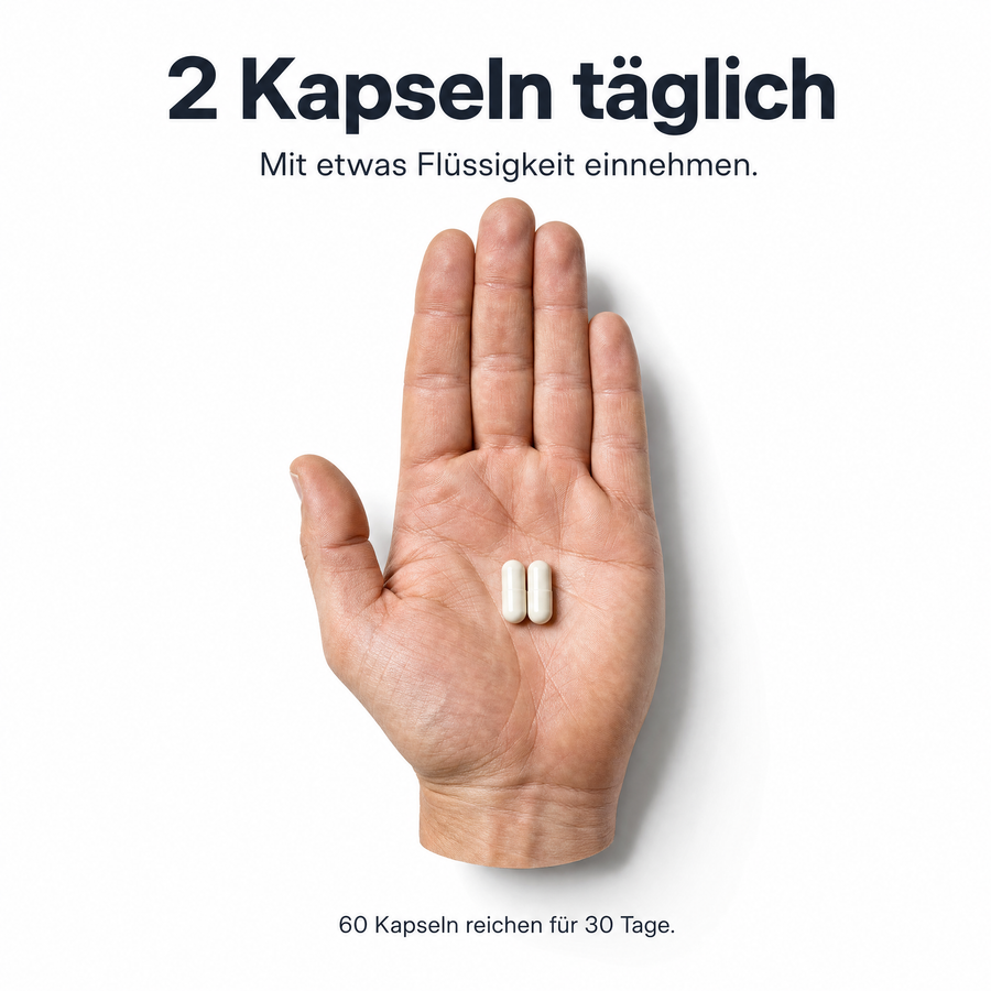 Einnahme: zwei helle Kapseln in einer offenen Handfläche, Hinweis 2 Kapseln täglich mit etwas Flüssigkeit einnehmen, 60 Kapseln reichen für 30 Tage