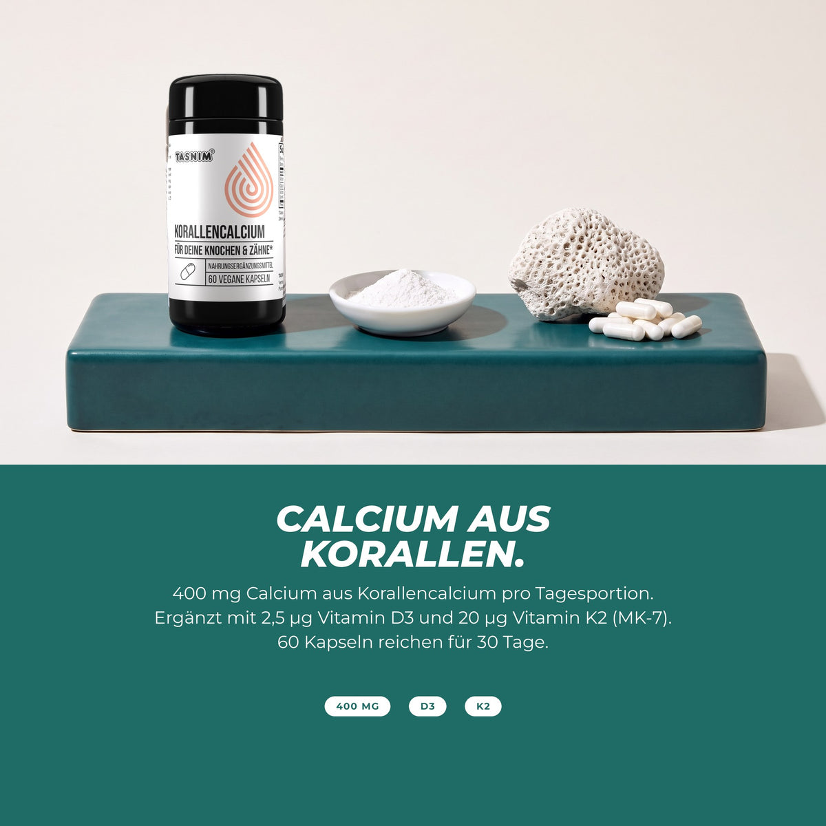 Calcium aus Korallen: Dose mit Mineralpulver, Korallengestein und Kapseln – 400 mg Calcium mit Vitamin D3 und K2 pro Tagesportion