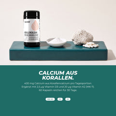Calcium aus Korallen: Dose mit Mineralpulver, Korallengestein und Kapseln – 400 mg Calcium mit Vitamin D3 und K2 pro Tagesportion