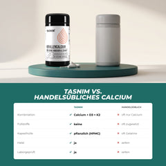Tasnim Korallencalcium gegenüber handelsüblichem Calcium: Calcium mit D3 und K2, keine Füllstoffe, pflanzliche Kapsel, halal, laborgeprüft