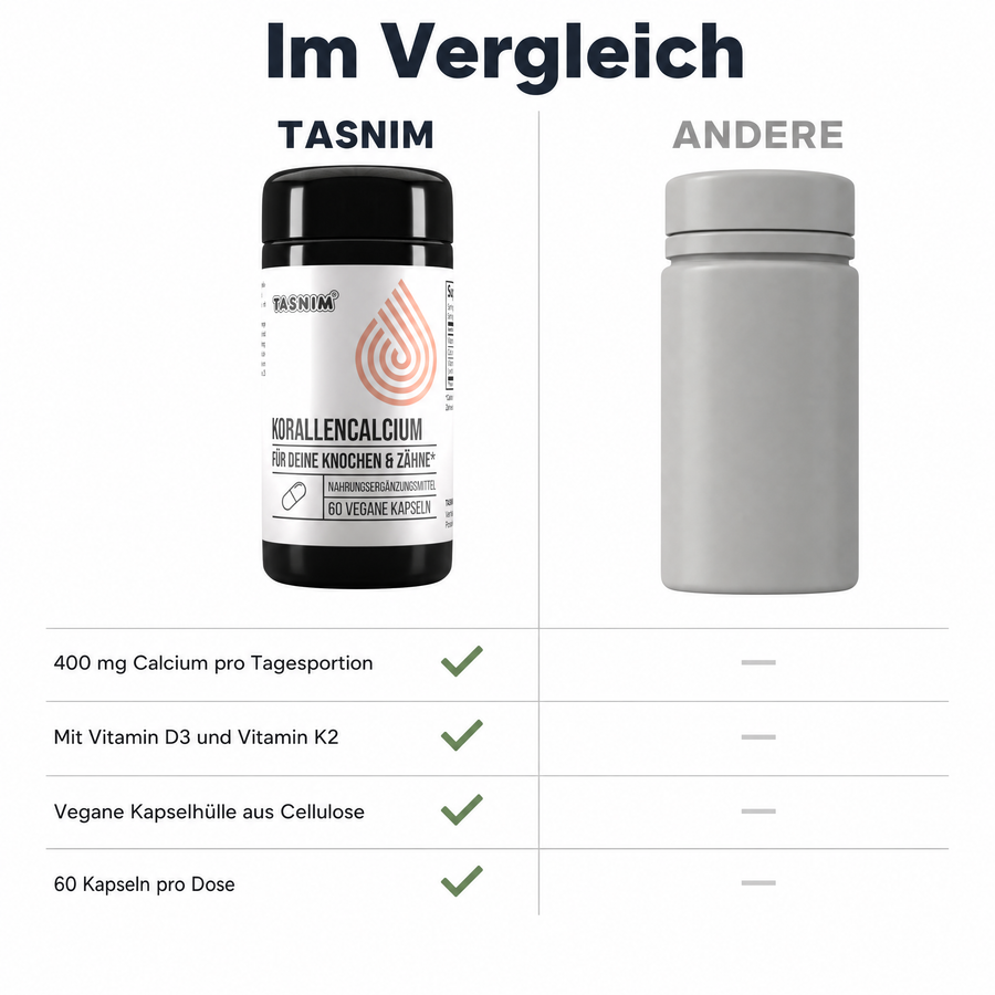 Vergleich zwischen der Tasnim Korallencalcium Dose und einer neutralen grauen Dose ohne Etikett: 400 mg Calcium pro Tagesportion, mit Vitamin D3 und Vitamin K2, vegane Kapselhülle aus Cellulose, 60 Kapseln pro Dose