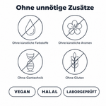 Ohne unnötige Zusätze: ohne künstliche Farbstoffe, ohne künstliche Aromen, ohne Gentechnik, ohne Gluten, dazu die Kennzeichnungen vegan, halal und laborgeprüft