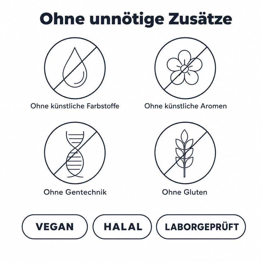 Ohne unnötige Zusätze: ohne künstliche Farbstoffe, ohne künstliche Aromen, ohne Gentechnik, ohne Gluten, dazu die Kennzeichnungen vegan, halal und laborgeprüft