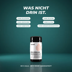 Was nicht drin ist: ohne Füllstoffe, Gelatine, Gentechnik, Gluten, Farbstoffe und Konservierungsstoffe – halal, vegan, laborgeprüft