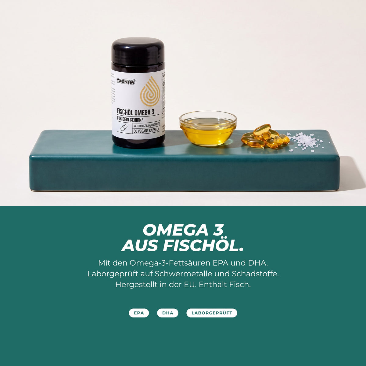 Omega 3 aus Fischöl: Dose, goldene Kapseln und ein Schälchen Öl – laborgeprüft, enthält Fisch