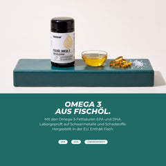 Omega 3 aus Fischöl: Dose, goldene Kapseln und ein Schälchen Öl – laborgeprüft, enthält Fisch