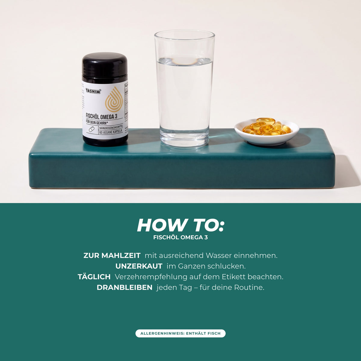 How to: Kapseln zur Mahlzeit mit Wasser unzerkaut einnehmen, Verzehrempfehlung auf dem Etikett beachten