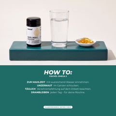 How to: Kapseln zur Mahlzeit mit Wasser unzerkaut einnehmen, Verzehrempfehlung auf dem Etikett beachten