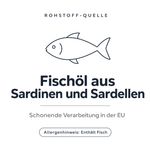 Rohstoff-Quelle: Fischöl aus Sardinen und Sardellen, schonende Verarbeitung in der EU – Allergenhinweis: enthält Fisch