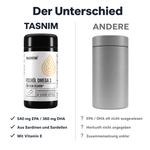 Vergleich: Tasnim Fischöl Omega 3 mit ausgewiesenen 540 mg EPA und 360 mg DHA gegenüber einer neutralen unbeschrifteten grauen Dose
