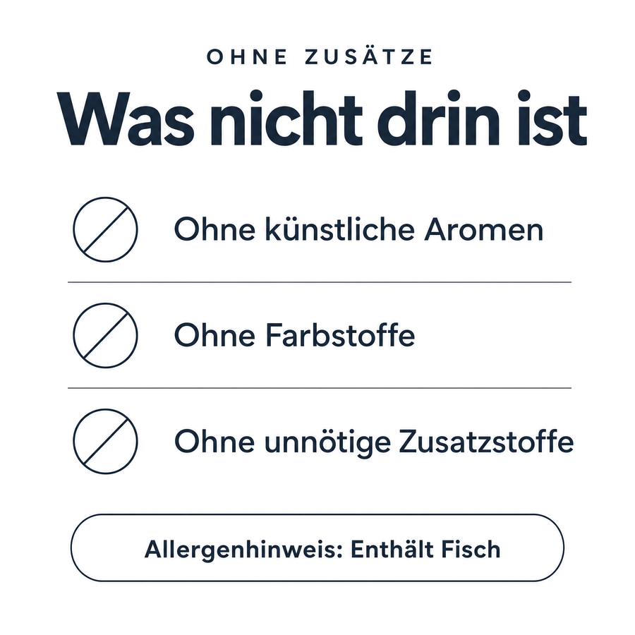 Ohne Zusätze: ohne künstliche Aromen, ohne Farbstoffe, ohne unnötige Zusatzstoffe – Allergenhinweis: enthält Fisch