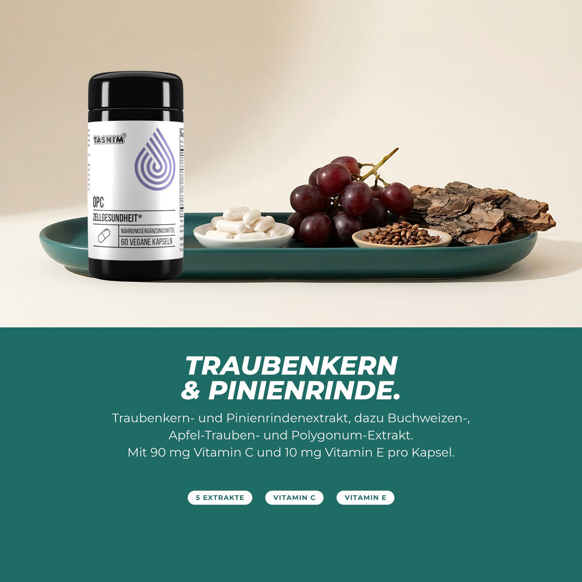 Traubenkern und Pinienrinde: Dose mit Kapseln, roten Trauben, Traubenkernen und Pinienrinde – fünf Pflanzenextrakte mit Vitamin C und E