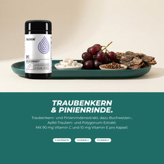 Traubenkern und Pinienrinde: Dose mit Kapseln, roten Trauben, Traubenkernen und Pinienrinde – fünf Pflanzenextrakte mit Vitamin C und E