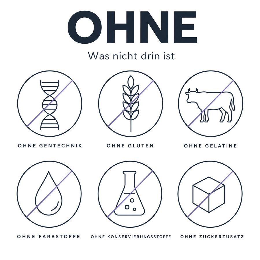 Tasnim OPC ohne Gentechnik, ohne Gluten, ohne Gelatine, ohne Farbstoffe, ohne Konservierungsstoffe und ohne Zuckerzusatz