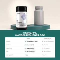 Tasnim OPC gegenüber handelsüblichem OPC: Traubenkern- und Pinienrindenextrakt, Vitamin C und E, vegane Kapsel, UV-Schutzglas, laborgeprüft