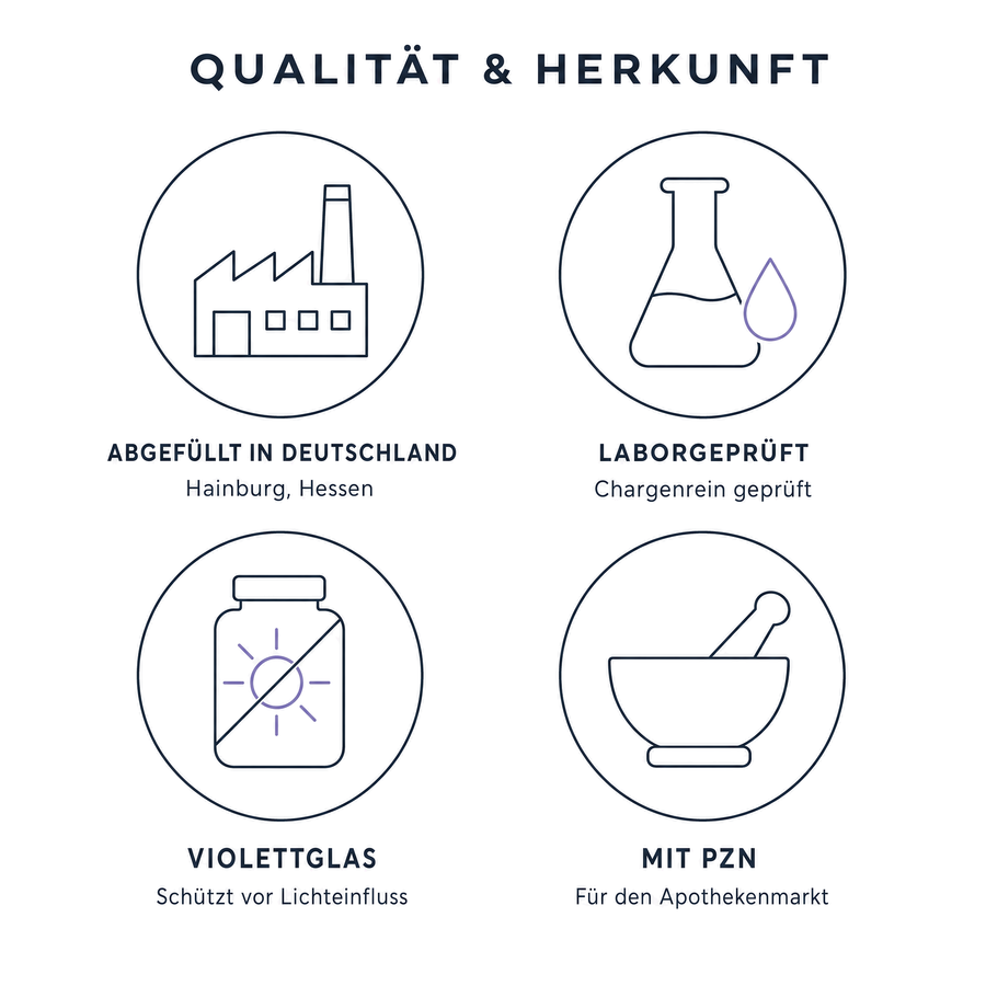 Qualität und Herkunft: abgefüllt in Hainburg in Deutschland, laborgeprüft und chargenrein, Violettglas mit Lichtschutz, mit PZN für den Apothekenmarkt