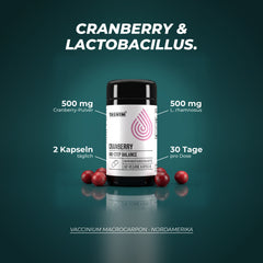 Cranberry und Lactobacillus: 500 mg Cranberry-Pulver und 500 mg Lactobacillus rhamnosus pro Tagesportion aus 2 Kapseln, eine Dose reicht 30 Tage