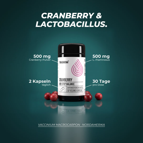 Cranberry und Lactobacillus: 500 mg Cranberry-Pulver und 500 mg Lactobacillus rhamnosus pro Tagesportion aus 2 Kapseln, eine Dose reicht 30 Tage