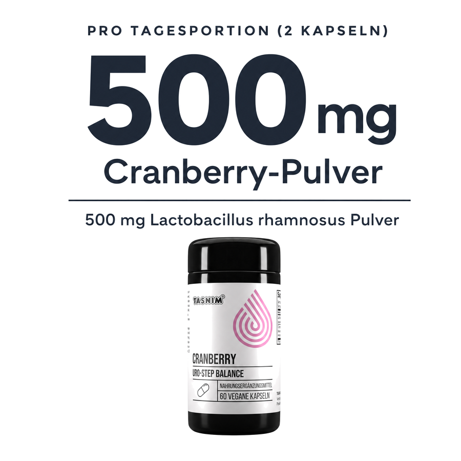 Cranberry Uro-Step Balance: 500 mg Cranberry-Pulver und 500 mg Lactobacillus rhamnosus Pulver pro Tagesportion von 2 Kapseln