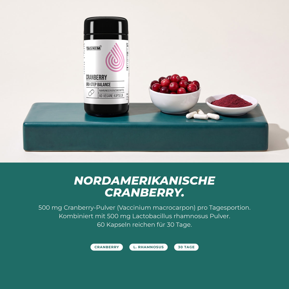 Nordamerikanische Cranberry: Dose mit frischen Cranberries, Cranberry-Pulver und Kapseln – 500 mg Cranberry-Pulver mit 500 mg Lactobacillus rhamnosus pro Tag