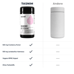 Vergleich Tasnim Cranberry Uro-Step Balance mit einer neutralen unbeschrifteten Dose: 500 mg Cranberry-Pulver, 500 mg Lactobacillus rhamnosus, vegane HPMC-Kapsel, ohne Farbstoffe