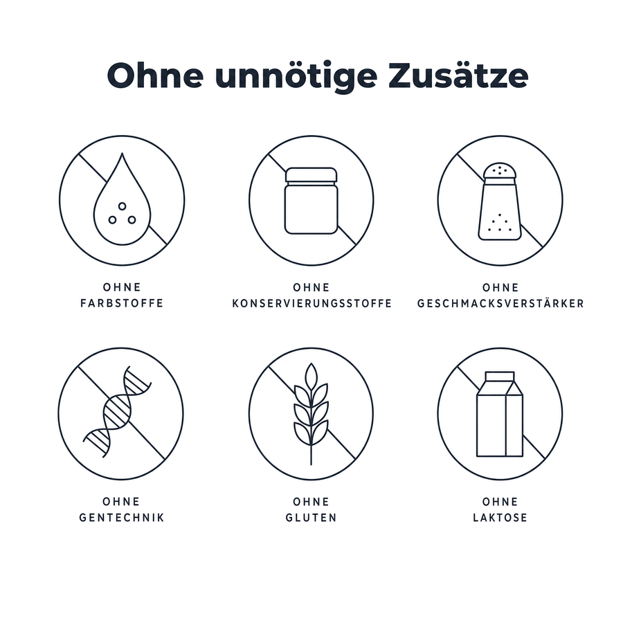 Ohne unnoetige Zusaetze: ohne Farbstoffe, ohne Konservierungsstoffe, ohne Geschmacksverstaerker, ohne Gentechnik, ohne Gluten, ohne Laktose