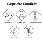 Gepruefte Qualitaet: 100 Prozent Halal, laborgeprueft, ohne Gentechnik, 100 Prozent vegan, glutenfrei