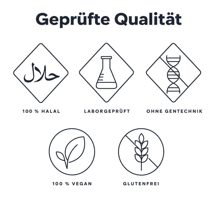 Gepruefte Qualitaet: 100 Prozent Halal, laborgeprueft, ohne Gentechnik, 100 Prozent vegan, glutenfrei