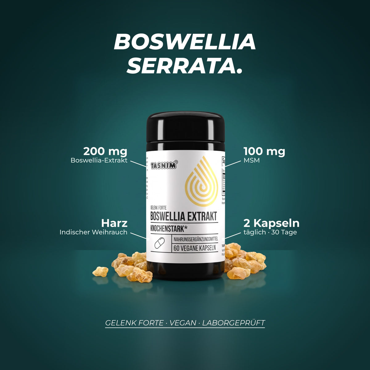 Boswellia serrata: 200 mg Extrakt aus dem Harz des Indischen Weihrauchs und 100 mg MSM pro Tagesportion aus 2 Kapseln, eine Dose reicht 30 Tage