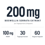 200 mg Boswellia serrata Extrakt pro Tagesportion, dazu 100 mg MSM, 30 Tagesportionen, 60 vegane Kapseln