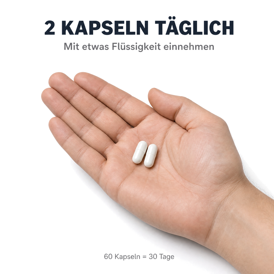 Verzehrempfehlung: 2 Kapseln täglich mit etwas Flüssigkeit, zwei Kapseln auf einer offenen Handfläche