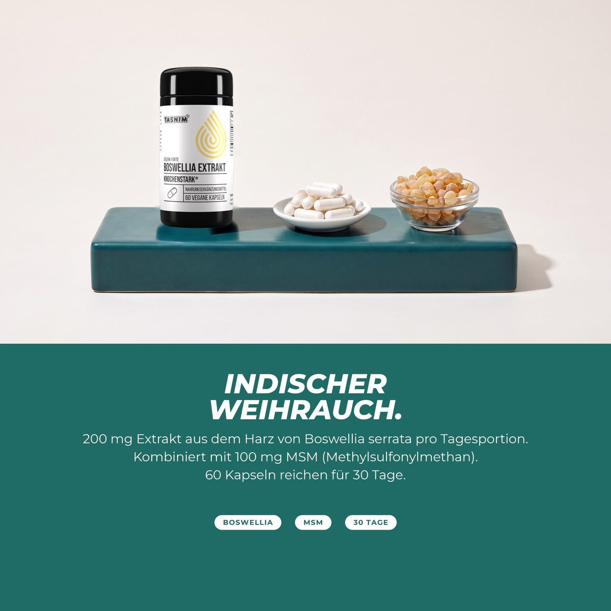 Indischer Weihrauch: Dose mit Kapseln und Weihrauchharz – 200 mg Boswellia-serrata-Extrakt mit 100 mg MSM pro Tagesportion