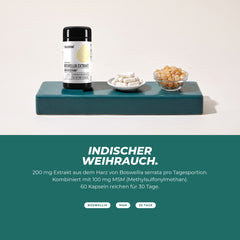 Indischer Weihrauch: Dose mit Kapseln und Weihrauchharz – 200 mg Boswellia-serrata-Extrakt mit 100 mg MSM pro Tagesportion