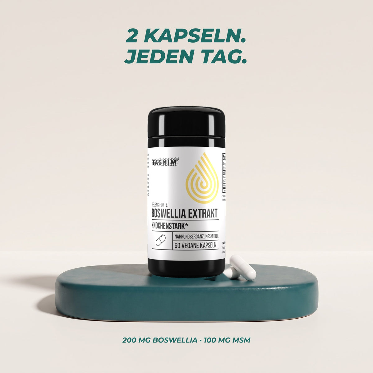2 Kapseln jeden Tag: 200 mg Boswellia-Extrakt und 100 mg MSM pro Tagesportion