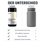 Vergleich Tasnim Gelenk Forte mit einer neutralen grauen Dose: 200 mg Boswellia serrata Extrakt, 100 mg MSM, vegane Kapselhülle, laborgeprüft