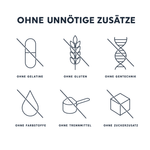 Ohne unnötige Zusätze: ohne Gelatine, ohne Gluten, ohne Gentechnik, ohne Farbstoffe, ohne Trennmittel, ohne Zuckerzusatz