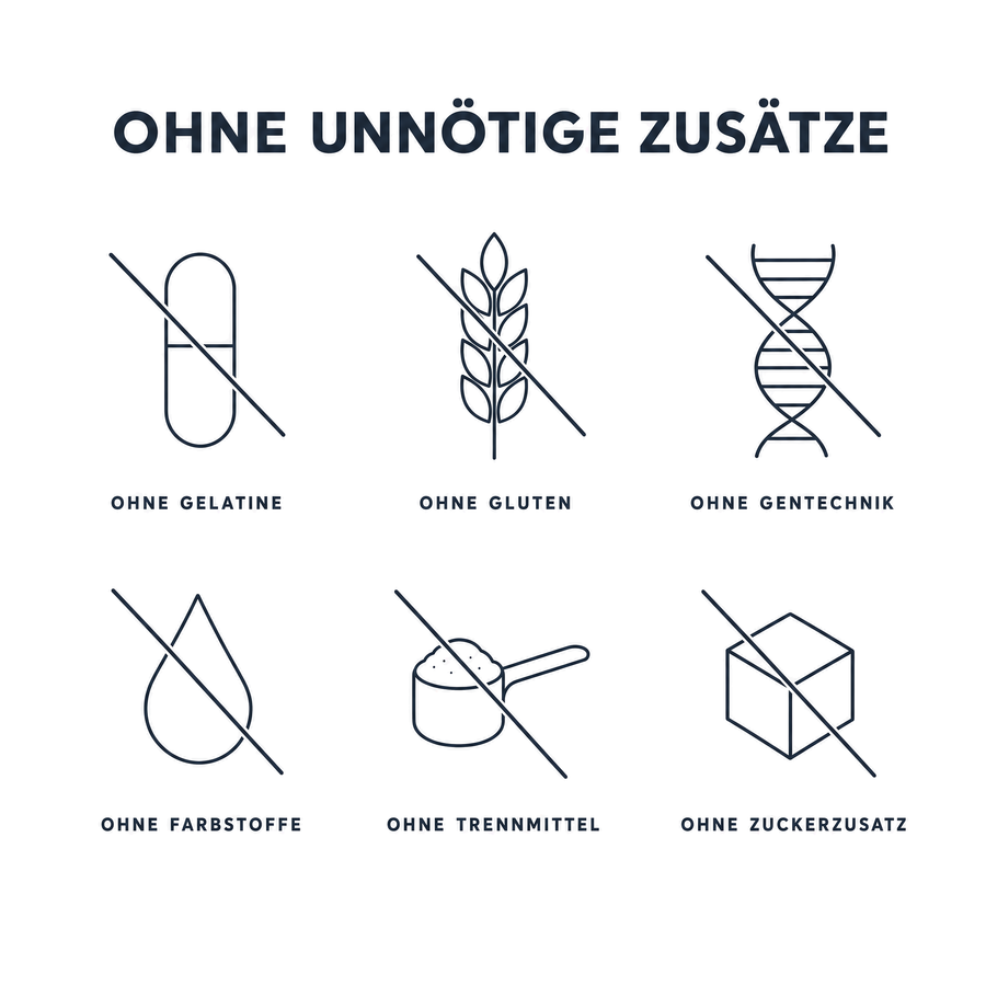 Ohne unnötige Zusätze: ohne Gelatine, ohne Gluten, ohne Gentechnik, ohne Farbstoffe, ohne Trennmittel, ohne Zuckerzusatz
