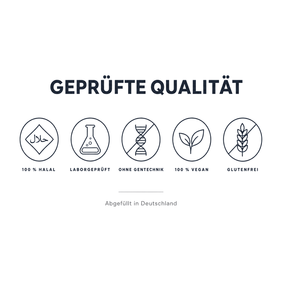 Geprüfte Qualität: 100 % halal, laborgeprüft, ohne Gentechnik, 100 % vegan, glutenfrei, abgefüllt in Deutschland