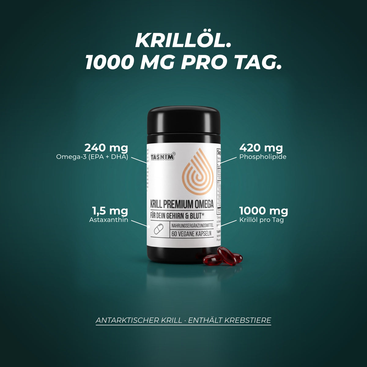 Krillöl, 1000 mg pro Tag: 240 mg Omega-3 aus EPA und DHA, 420 mg Phospholipide, 1,5 mg Astaxanthin – antarktischer Krill, enthält Krebstiere