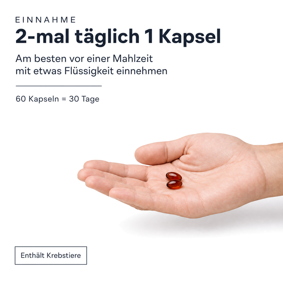 Einnahme: 2-mal täglich 1 Kapsel Krillöl vor einer Mahlzeit mit etwas Flüssigkeit, zwei Kapseln in einer offenen Hand, 60 Kapseln reichen 30 Tage, enthält Krebstiere