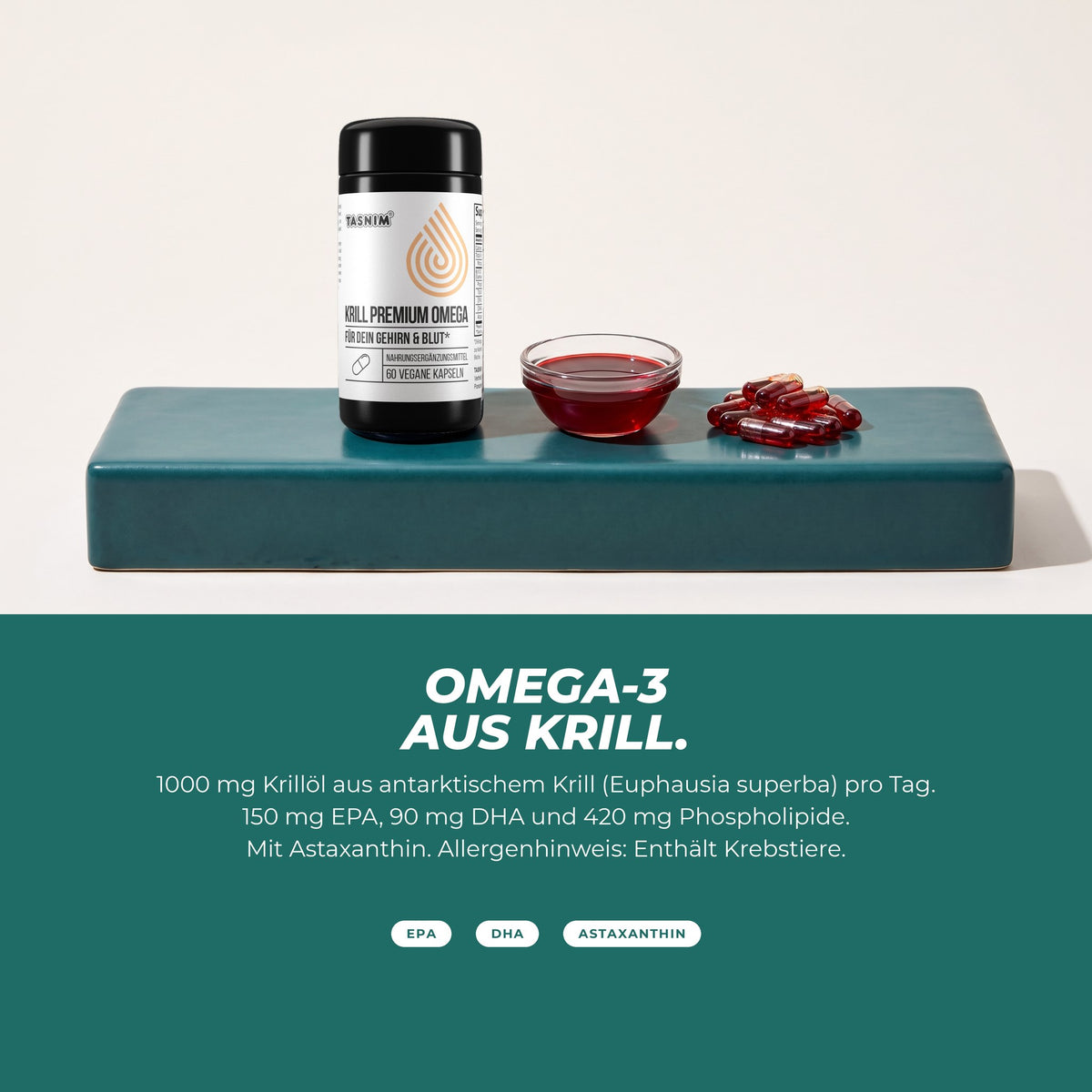 Omega-3 aus Krill: Dose mit einem Schälchen rotem Krillöl und Kapseln – 150 mg EPA, 90 mg DHA und 420 mg Phospholipide pro Tag, enthält Krebstiere