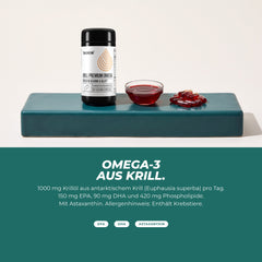 Omega-3 aus Krill: Dose mit einem Schälchen rotem Krillöl und Kapseln – 150 mg EPA, 90 mg DHA und 420 mg Phospholipide pro Tag, enthält Krebstiere