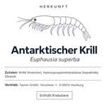 Herkunft: Antarktischer Krill (Euphausia superba), Zutaten Krillöl, Hydroxypropylmethylcellulose als Kapselhülle und Olivenöl, Vertrieb Tasnim GmbH Hainburg, enthält Krebstiere
