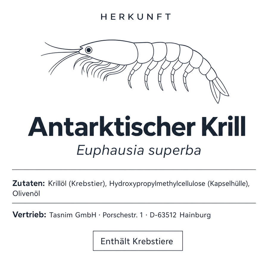 Herkunft: Antarktischer Krill (Euphausia superba), Zutaten Krillöl, Hydroxypropylmethylcellulose als Kapselhülle und Olivenöl, Vertrieb Tasnim GmbH Hainburg, enthält Krebstiere