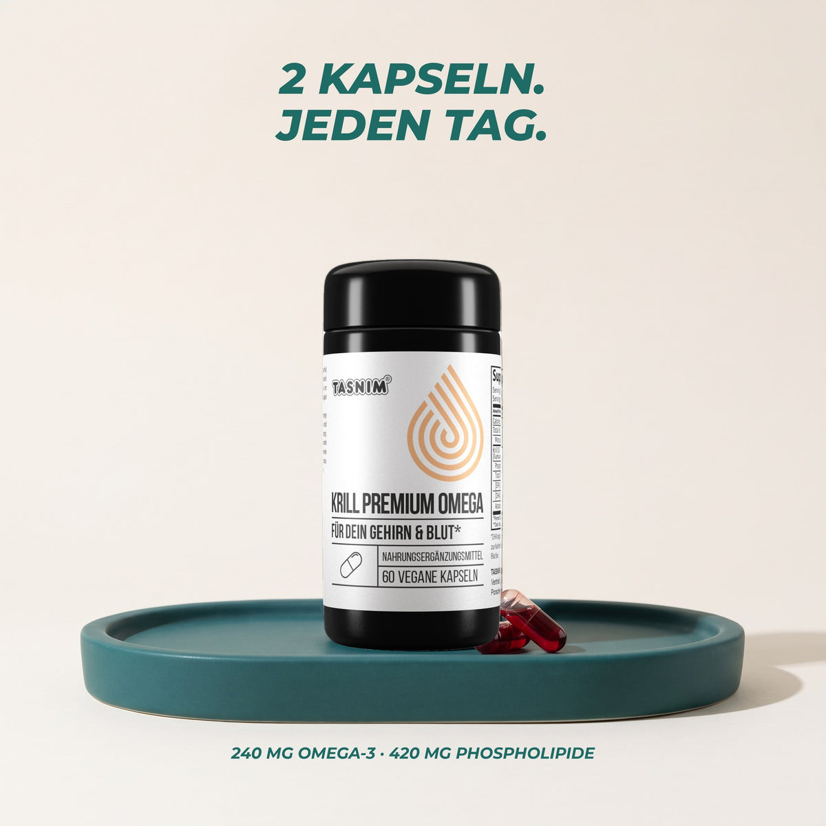 2 Kapseln jeden Tag: 240 mg Omega-3 und 420 mg Phospholipide pro Tagesportion
