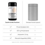 Vergleich Tasnim Krillöl Premium mit einer neutralen grauen Dose Standard-Fischöl: phospholipidgebunden, 420 mg Phospholipide, Astaxanthin 1,5 mg, pflanzliche Kapselhülle HPMC