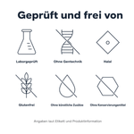 Geprüft und frei von: laborgeprüft, ohne Gentechnik, halal, glutenfrei, ohne künstliche Zusätze, ohne Konservierungsmittel