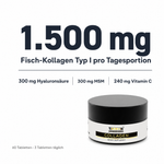 1.500 mg Fisch-Kollagen Typ I pro Tagesportion, dazu 300 mg Hyaluronsäure, 300 mg MSM und 240 mg Vitamin C. 60 Tabletten, 3 Tabletten täglich.