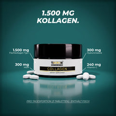 Pro Tagesportion aus 3 Tabletten: 1.500 mg Fischkollagen Typ I, 300 mg Hyaluronsäure, 300 mg MSM und 240 mg Vitamin C – enthält Fisch