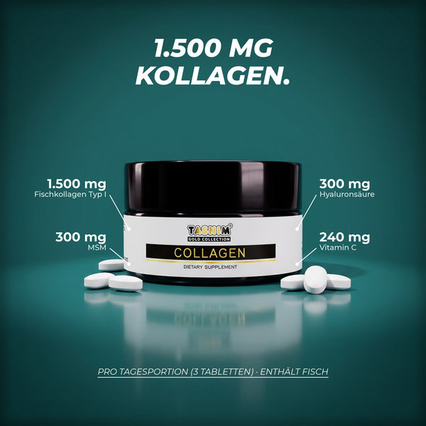 Pro Tagesportion aus 3 Tabletten: 1.500 mg Fischkollagen Typ I, 300 mg Hyaluronsäure, 300 mg MSM und 240 mg Vitamin C – enthält Fisch
